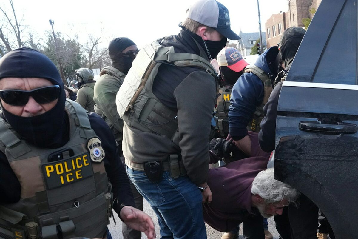  Federal immigration agents in Minneapolis detain a person in January 2026 near where an ICE officer fatally shot unarmed citizen Renee Good. AP Photo/Adam Gray 