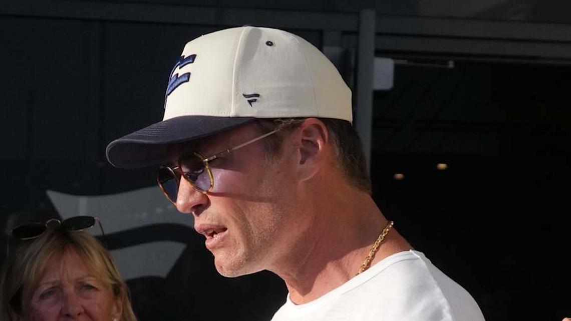  Mar 21, 2026; Los Angeles, CA, USA; Founders FFC quarterback Tom Brady (12) talks with fans during the Fanatics Flag Football Classic at BMO stadium. Mandatory Credit: Kirby Lee-Imagn Images | Kirby Lee-Imagn Images 