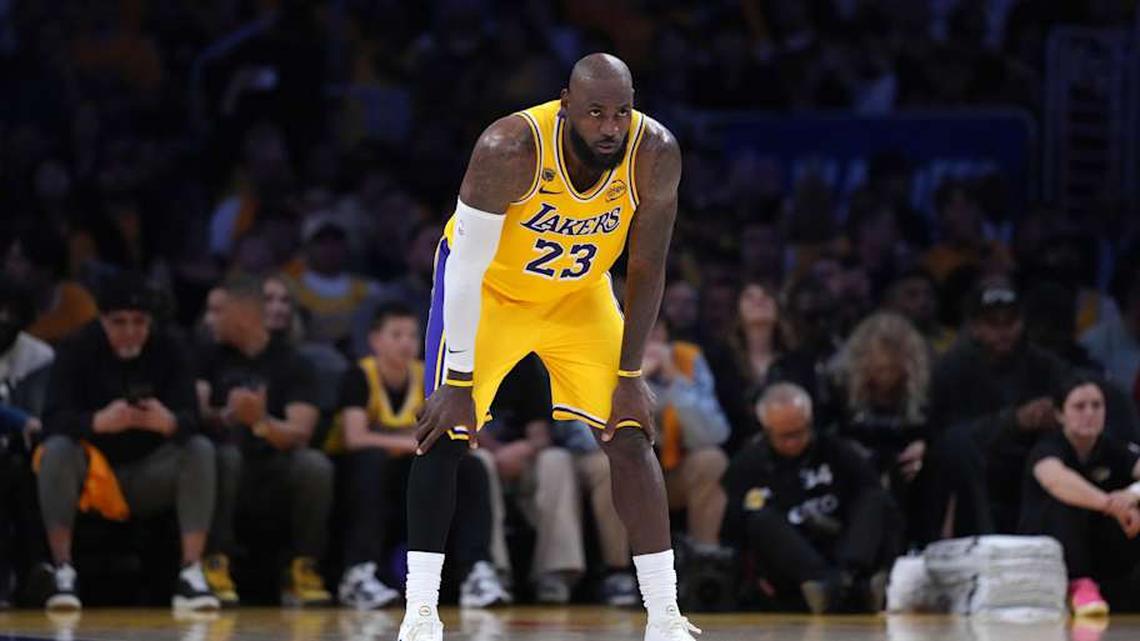  Apr 18, 2026; Los Angeles, California, USA; Los Angeles Lakers forward LeBron James (23) reacts in the first half against the Houston Rockets during game one of the first round of the 2026 NBA Playoffs at Crypto.com Arena. | Kirby Lee-Imagn Images 