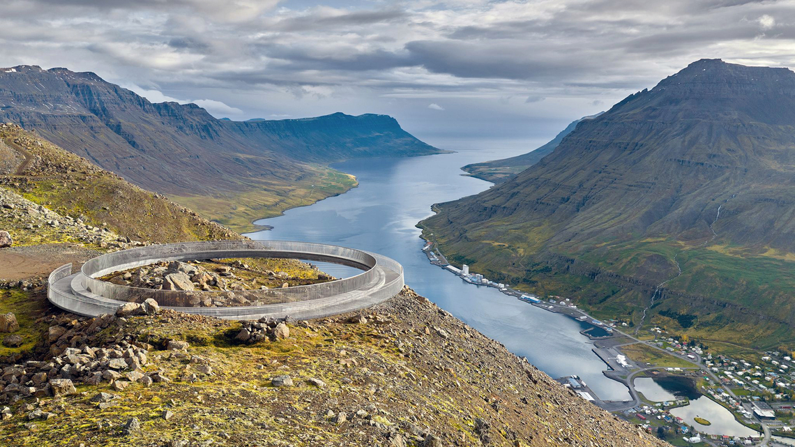 New Viking-inspired viewing platform opens above Icelandic fjord town 