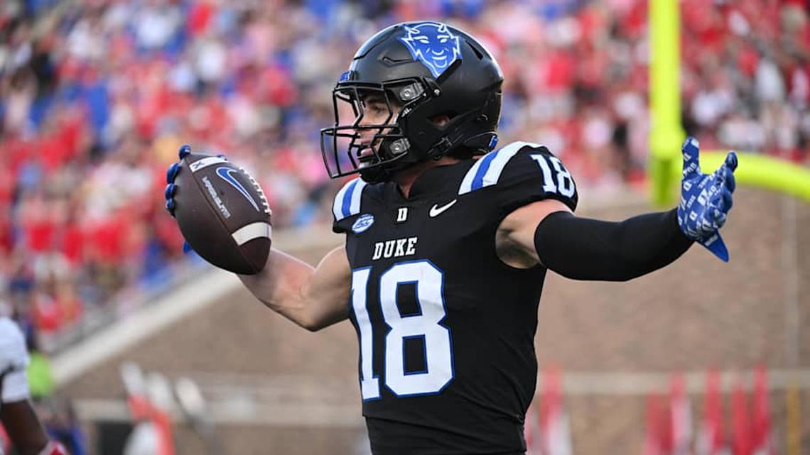  Sep 20, 2025; Durham, North Carolina, USA; Duke Blue Devils wide receiver Cooper Barkate (18) celebrates a touchdown during the third quarter against the NC State Wolfpack at Wallace Wade Stadium. Mandatory Credit: Zachary Taft-Imagn Images | Zachary Taft-Imagn Images 