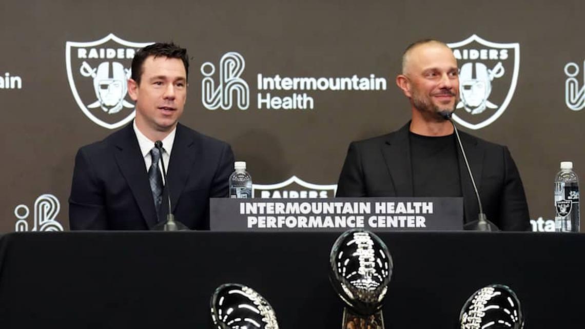  Feb 10, 2026; Henderson, NV, USA; Las Vegas Raiders coach Klint Kubiak (left) and general manager John Spytek at introductory press conference at Intermountain Health Performance Center. Mandatory Credit: Kirby Lee-Imagn Images | Kirby Lee-Imagn Images 