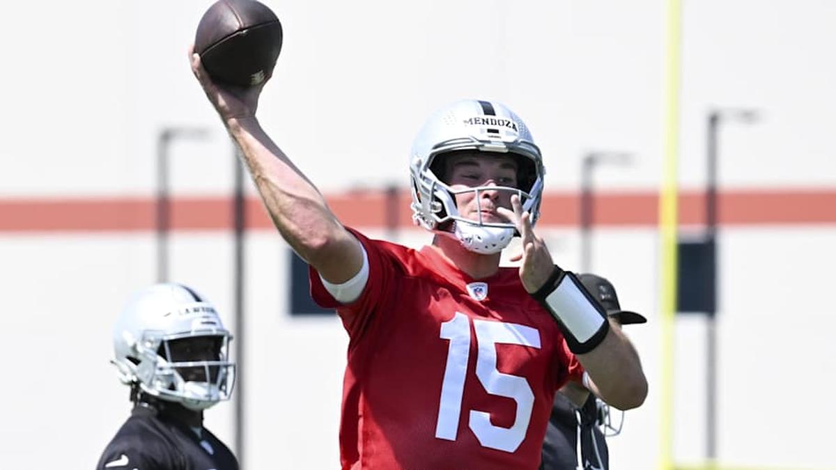  May 2, 2026; Henderson, NV, USA; Las Vegas Raiders quarterback Fernando Mendoza (15) runs through a drill during a Rookie Minicamp at Intermountain Health Performance Center. Mandatory Credit: Candice Ward-Imagn Images | Candice Ward-Imagn Images 