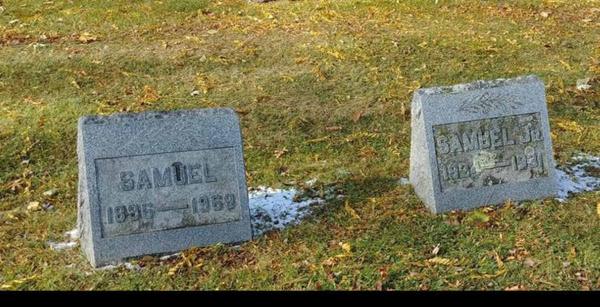 Pictured in the Forest Home Cemetery in Marinette, Wisconsin, are the graves of Samuel "Sam or Sammy" Richard Powers Sr. (left) and his 7-year-old namesake son (right). Sammy was on the inaugural Green Bay Packers sandlot team from 1919-21, and the first husband of Grace Marie Dixon (Powers Martin), who owned Earl's Hideaway biker bar in Sebastian, Florida, from 1965 until she died in 1973. Sam Sr. was 73 and living in West De Pere, Wisconsin, when he died of a cerebral hemorrhage on Oct. 14, 1969, while visiting their daughter, Jeanne Dorothy Braley Kelly Johnson, in Clarksburg, Maryland. Their third child and second son born in 1924, Sam Jr. was a 6-year-old student living at home in Marinette in 1930, but sometime within the next year, he was moved to the St. Joseph orphans home in Allouez, a village south of Green Bay. He was 7 when he died there on April 15, 1931. His body was taken to his paternal grandparents’ house in Marinette, then buried here. An inscription on his headstone says "Mother Grace (nee Dixon). Nearby but not pictured are the graves of grandfather John Henry Powers, buried in 1928; grandmother Mary C. Bergman Powers, buried in 1933; and uncle, Private First Class Thomas Henry Powers. Tommy was 27, worked as a clerk and lived with his family at 836 Wells St. in Marinette when he registered for WWI on June 5, 1917. A year later, he died in the war on Sept. 27, 1918, while serving in the Army's Battery E 11th Field Artillery. He initially was buried in France, but his body was returned to the United States and buried with his family in 1921.