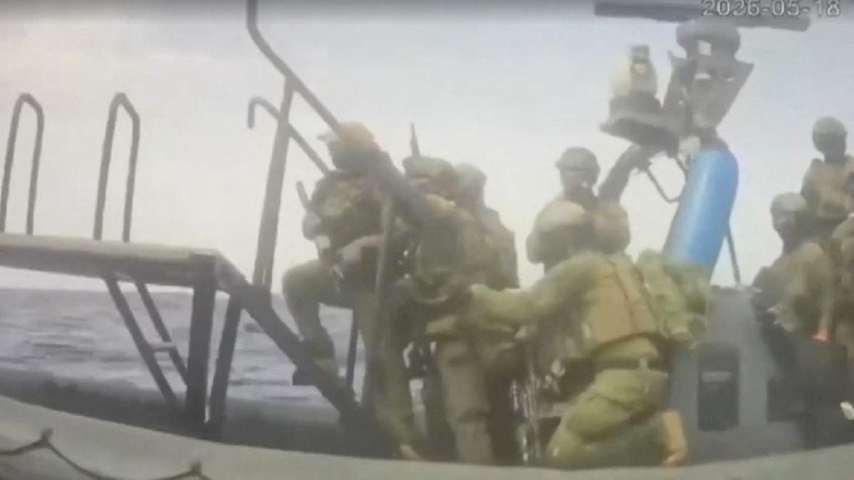 An Israeli naval boat intercepts the Global Sumud Flotilla en route to Gaza, in an attempt to deliver aid, at sea May 18, 2026, in this screengrab taken from a handout video. Global Sumud Flotilla/Handout via REUTERS