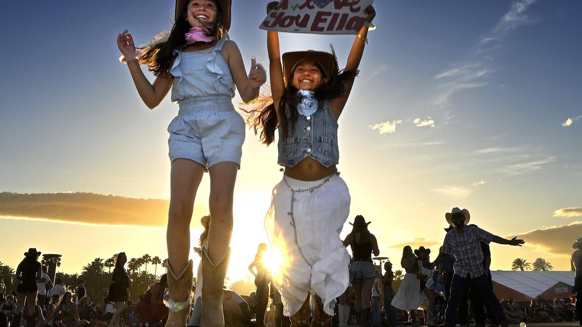 Step-sisters Giselle Barajas, left, and Eva Perez, right, both 10 from Fallbrook, jump and scream for their favorite artist Ella Langley as she performs on the Mane Stage during the opening day of the Stagecoach Country Music Festival in Indio on Friday, April 24, 2026. (Photo by Will Lester, Inland Valley Daily Bulletin/SCNG)