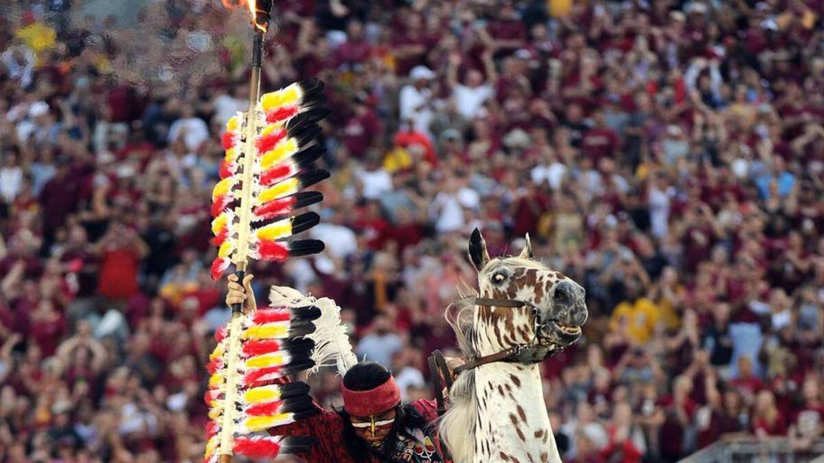  Sep 6, 2014; Tallahassee, FL, USA; Florida State Seminoles mascot Chief Osceola and Renegade spike the spear at Doak Campbell Stadium before the start of the game against the Citadel Bulldogs. Mandatory Credit: Melina Vastola-USA TODAY Sports | IMAGN IMAGES via Reuters Connect 