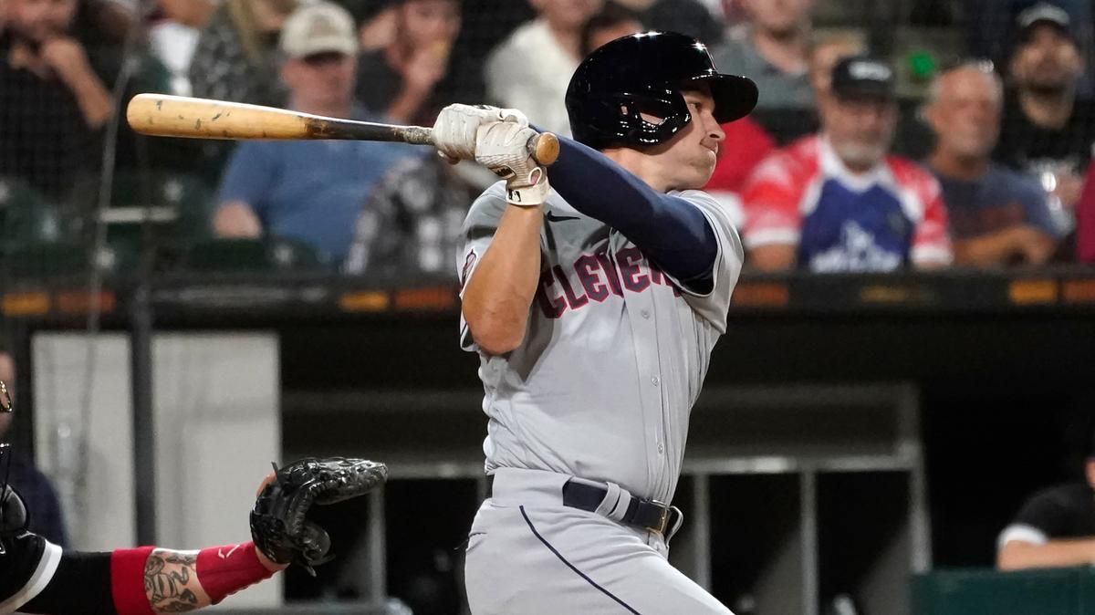 Cleveland Guardians’ Will Brennan watches his RBI single off Chicago White Sox starting pitcher Lance Lynn during the third inning of a baseball game, Brennan’s debut in the majors, Wednesday, Sept. 21, 2022, in Chicago. (AP Photo/Charles Rex Arbogast)