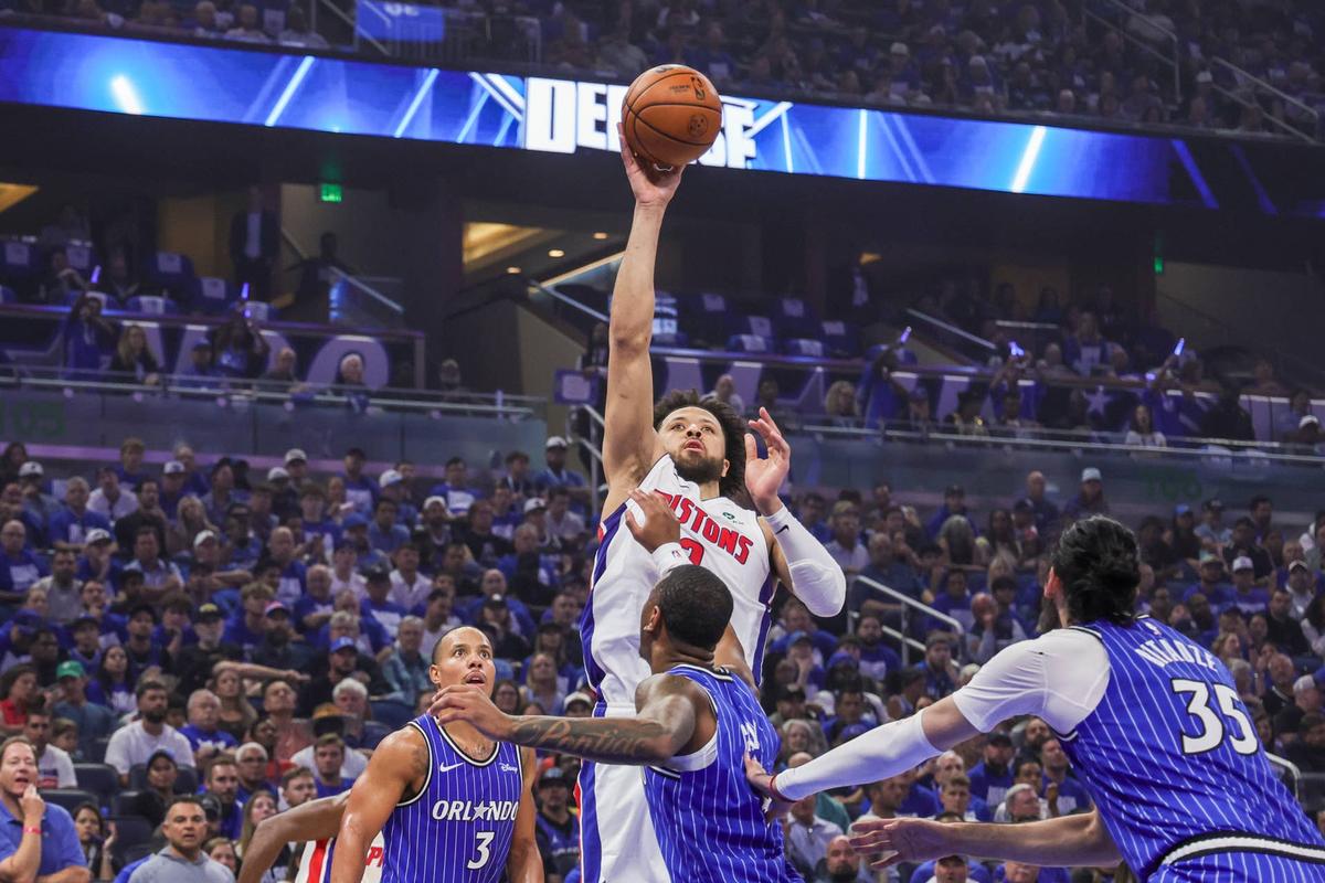  Detroit Pistons guard Cade Cunningham shoots during the second quarter of game four of the first round of the 2026 NBA Playoffs at Kia Center. Mike Watters-Imagn Images