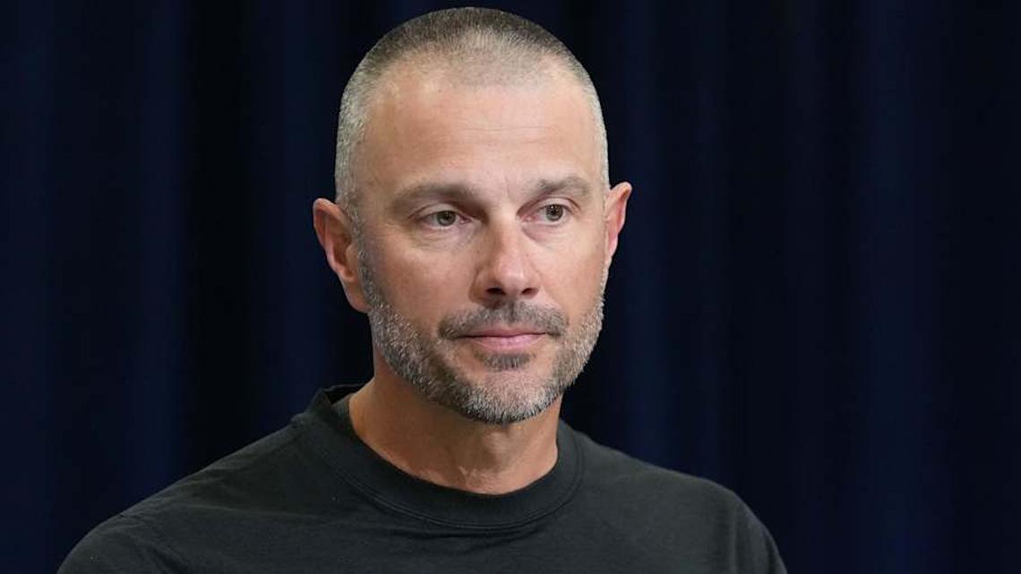  Feb 24, 2026; Indianapolis, IN, USA; Las Vegas Raiders general manager John Spytek speaks at the NFL Scouting Combine at the Indiana Convention Center. Mandatory Credit: Kirby Lee-Imagn Images | Kirby Lee-Imagn Images 