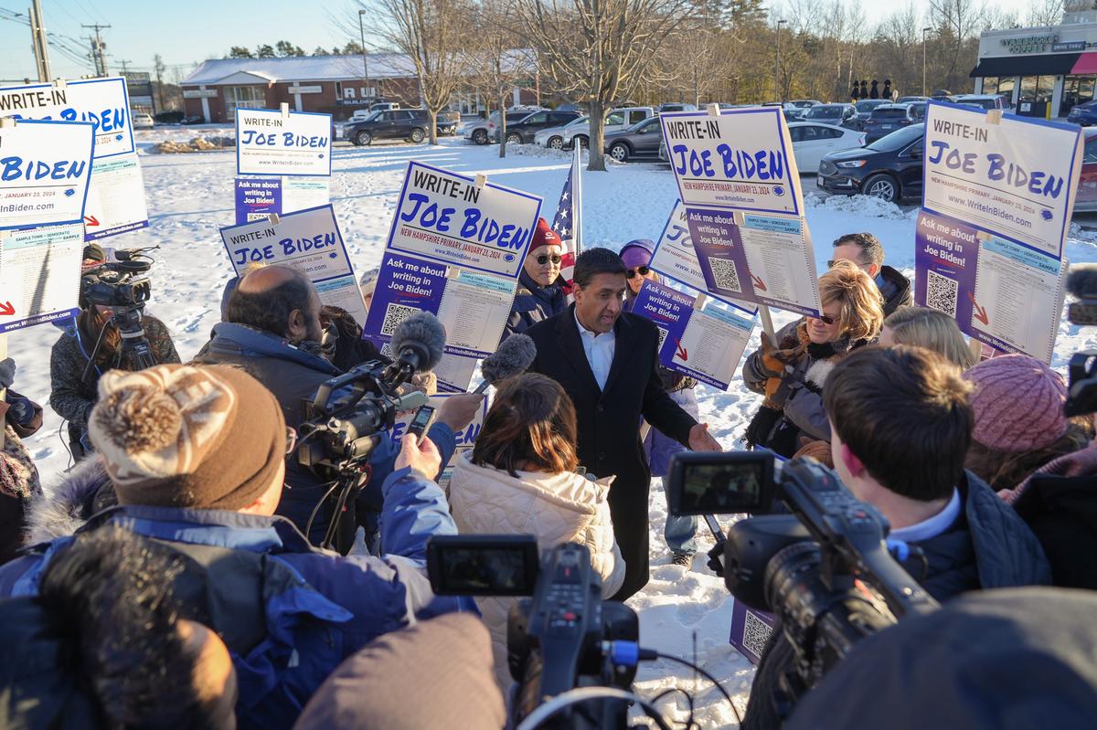 On Jan. 21, 2024, Rep. Ro Khanna, D-Calif., meets with voters who are writing in President Joe Biden in the New Hampshire primary.
