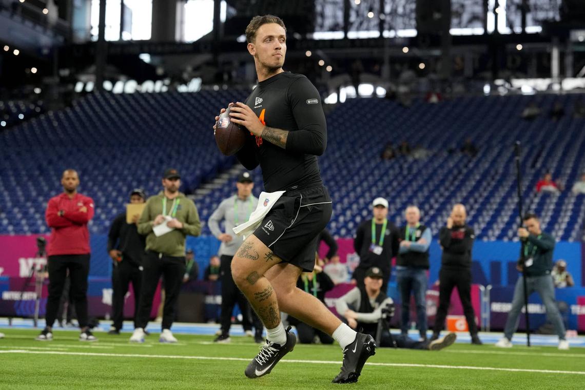 Feb 28, 2026; Indianapolis, IN, USA; Miami quarterback Carson Beck (QB04) during the NFL Scouting Combine at Lucas Oil Stadium. Mandatory Credit: Kirby Lee-Imagn Images 