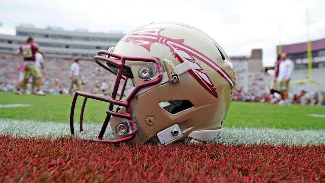  Oct 7, 2017; Tallahassee, FL, USA; View of a Florida State Seminoles helmet on the field before the game against the Miami Hurricanes at Doak Campbell Stadium. Mandatory Credit: Melina Vastola-Imagn Images | Melina Vastola-Imagn Images 