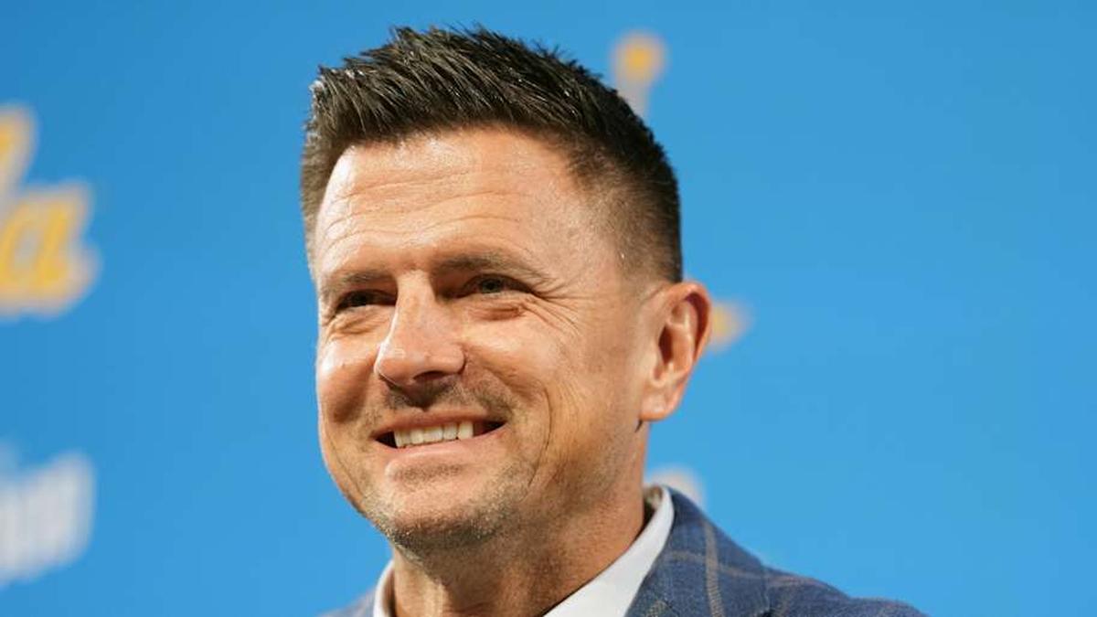  Dec 9, 2025; Los Angeles, CA, USA; Bob Chesney is introduced as UCLA Bruins football coach at press conference at Renee Luskin Conference Center Centennial Ballroom. Mandatory Credit: Kirby Lee-Imagn Images | Kirby Lee-Imagn Images 