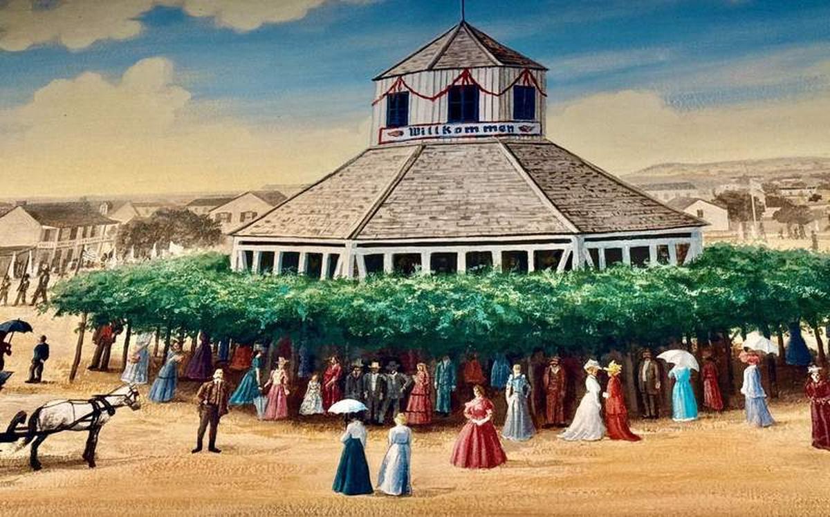  Painted version of the 1847 eight-sided church hangs in the gallery of the replica building on Fredericksburg’s downtown Marketplace. Photo credit: Christine Tibbetts 