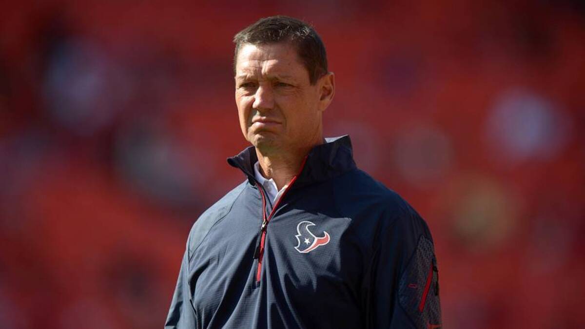  Oct 20, 2013; Kansas City, MO, USA; Houston Texans offensive coordinator Rick Dennison during the game against the Kansas City Chiefs at Arrowhead Stadium. The Chiefs defeated the Texans 17-16. Mandatory Credit: Kirby Lee-Imagn Images | Kirby Lee-Imagn Images 