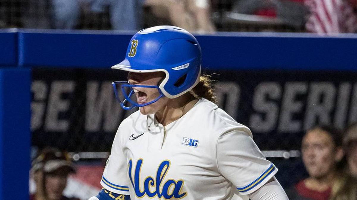  May 29, 2026; Oklahoma City, OK, USA; UCLA Bruins utility Megan Grant (43) yells as she heads towards home plate after hitting a three run home run in the second inning against the Arkansas Razorbacks during the NCAA Women's College World Series at Devon Park. Mandatory Credit: Brett Rojo-Imagn Images | Brett Rojo-Imagn Images 