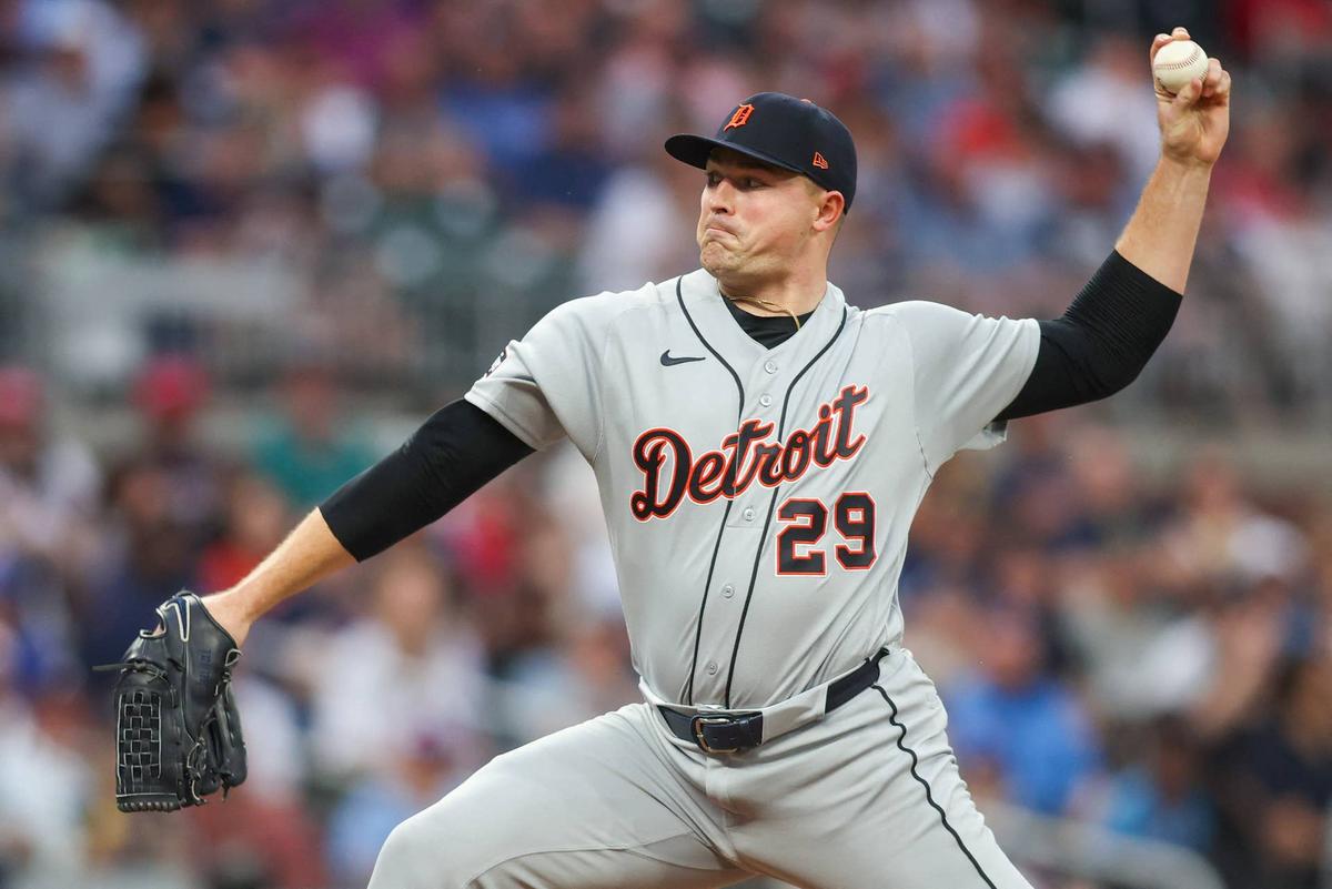  Apr 29, 2026; Atlanta, Georgia, USA; Detroit Tigers starting pitcher Tarik Skubal (29) throws against the Atlanta Braves in the second inning at Truist Park. Mandatory Credit: Brett Davis-Imagn Images Brett Davis-Imagn Images