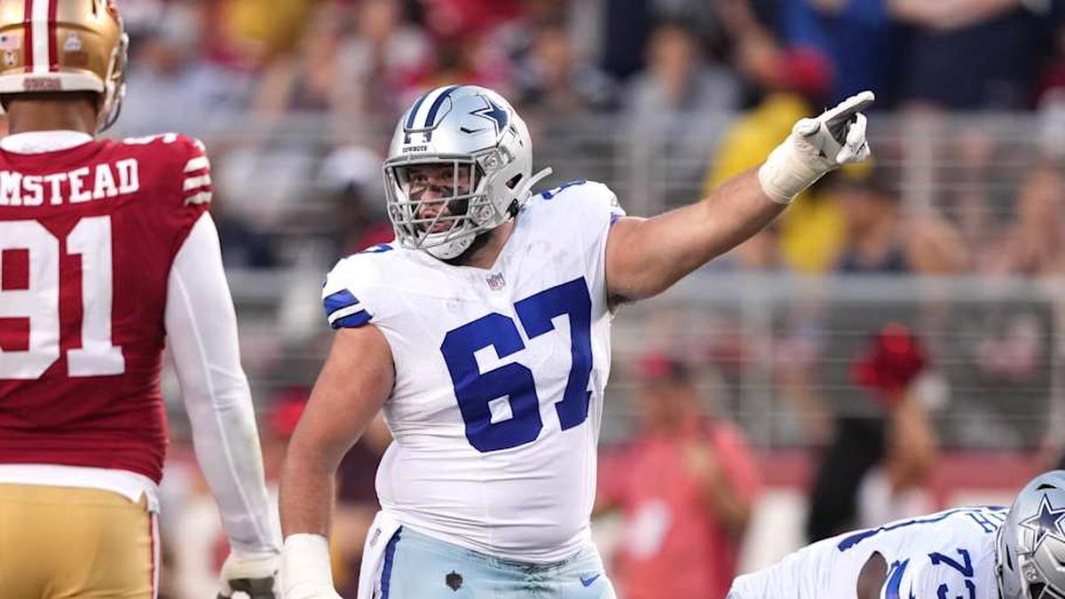  Oct 8, 2023; Santa Clara, California, USA; Dallas Cowboys center Brock Hoffman (67) gestures during the second quarter against the San Francisco 49ers at Levi's Stadium. Mandatory Credit: Darren Yamashita-Imagn Images | Darren Yamashita-Imagn Images 