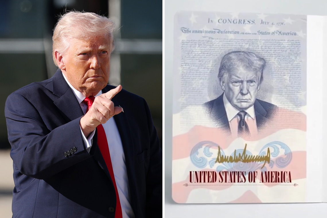 L: President Donald Trump at Joint Base Andrews on April 11, 2026. R: A mock-up of a new U.S. passport featuring Trump’s portrait. 