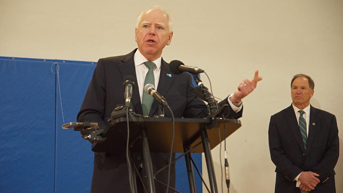 Minnesota Gov. Tim Walz speaks to reporters at a YMCA on March 17, 2026, in St. Paul, Minnesota. (Nathaniel Minor/The Minnesota Star Tribune/TNS)