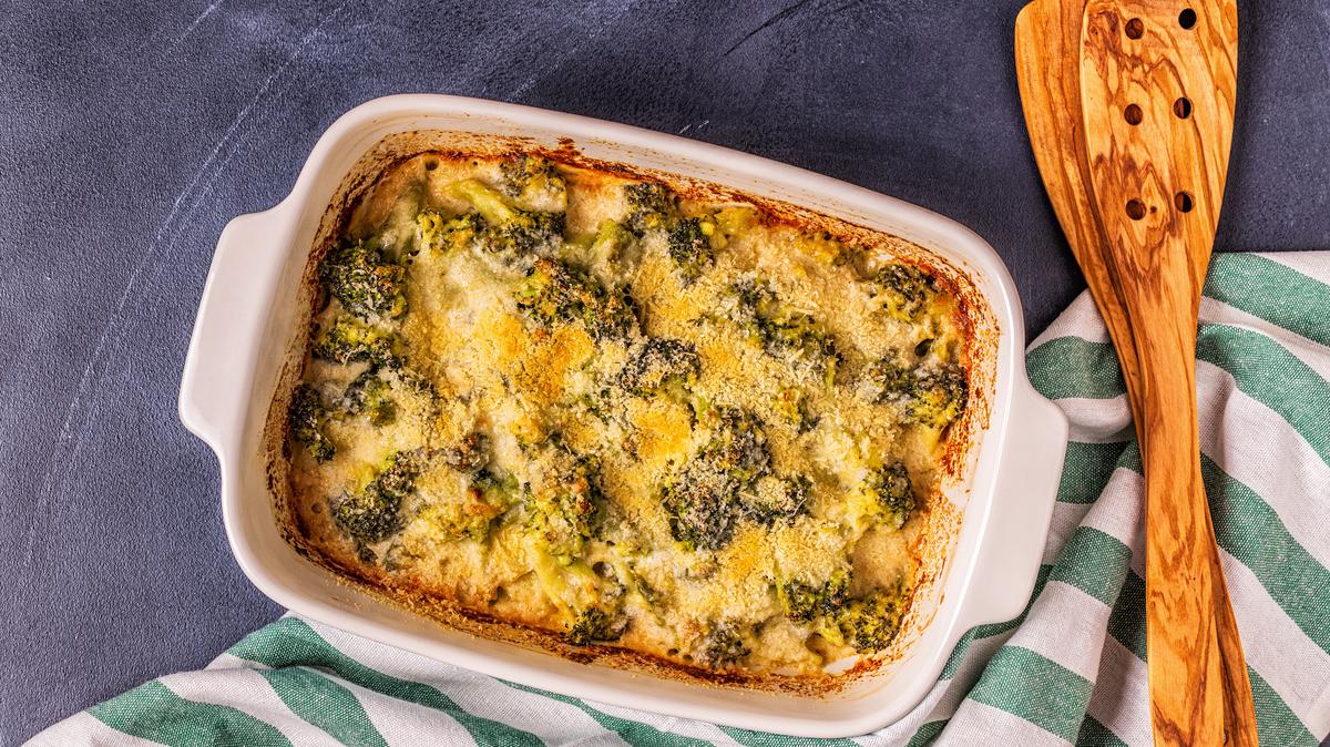 Broccoli gratin in a baking dish, top view.
