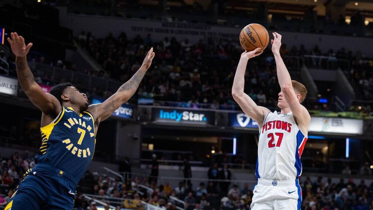  Apr 12, 2026; Indianapolis, Indiana, USA; Detroit Pistons guard Kevin Huerter (27) shoots the ball while Indiana Pacers guard Kam Jones (7) defends in the second half at Gainbridge Fieldhouse. Mandatory Credit: Trevor Ruszkowski-Imagn Images | Trevor Ruszkowski-Imagn Images 