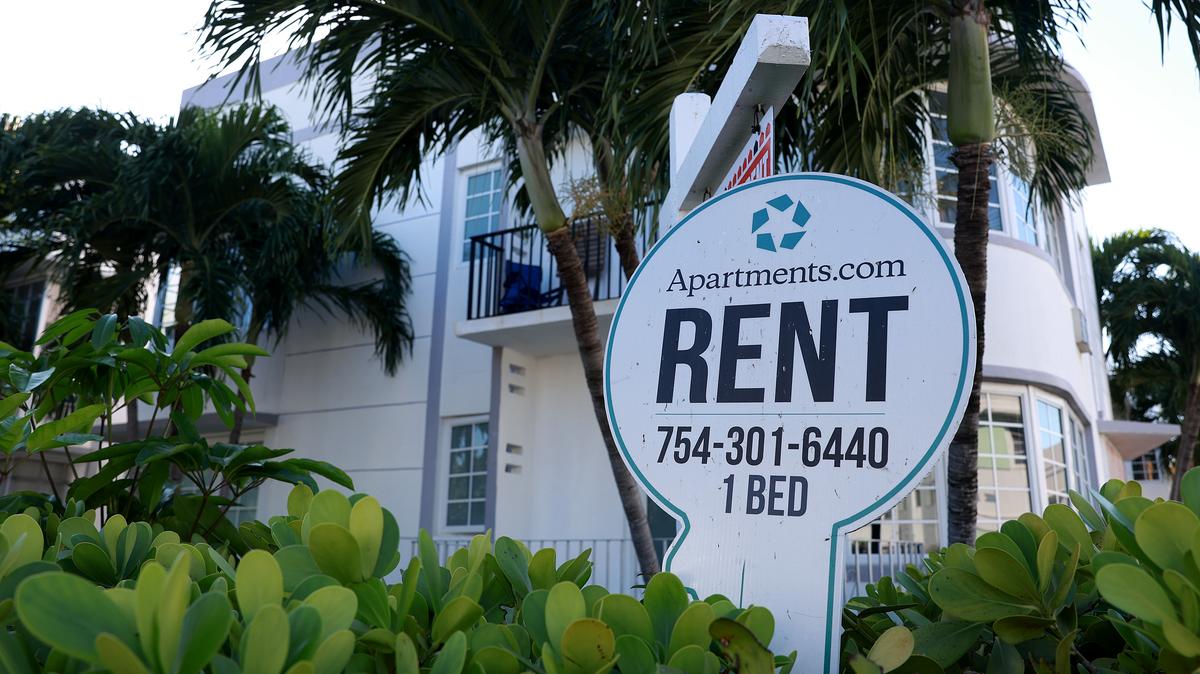 A 'For Rent' sign in front of a building on Dec. 6, 2022, in Miami Beach, Florida.  (Joe Raedle/Getty Images/TNS)