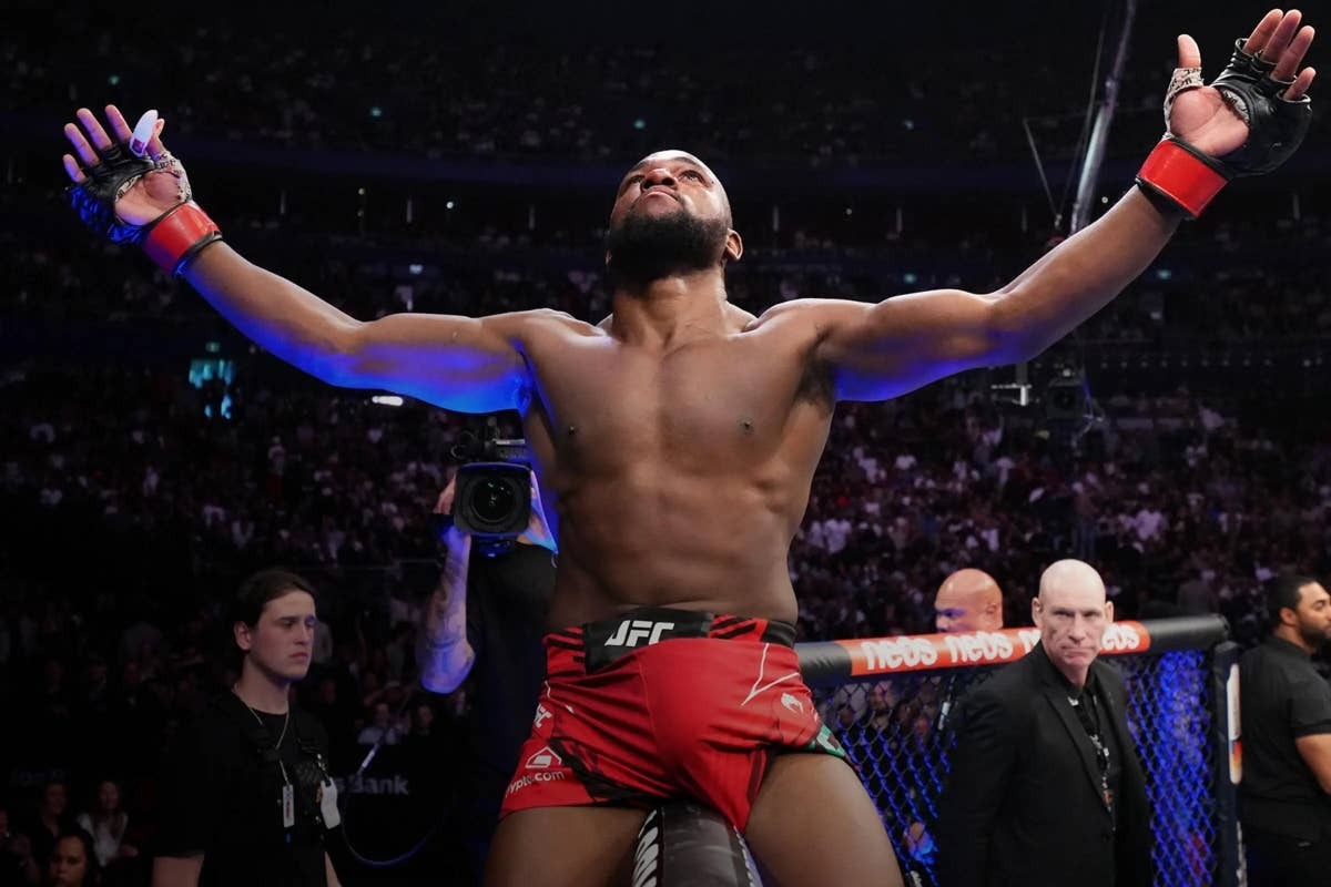  Manel Kape celebrates a victory inside the Octagon following one of his UFC fights. (via Zuffa LLC)