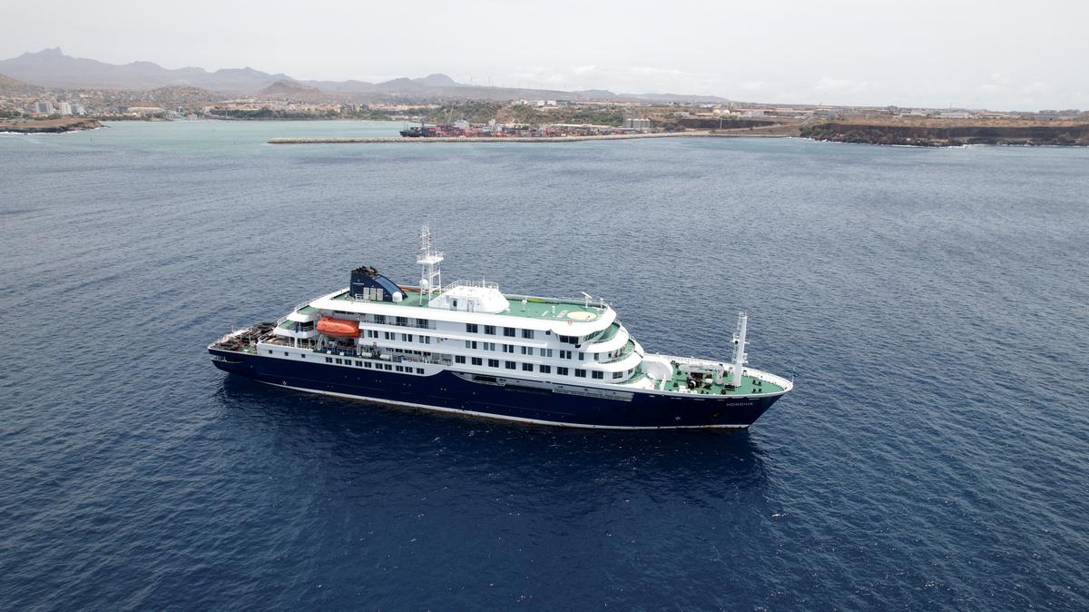 A drone view of the cruise ship MV Hondius, carrying passengers suspected of having cases of hantavirus on board, as it prepares to leave Praia, Cape Verde, May 6, 2026. REUTERS/Danilson Sequeira