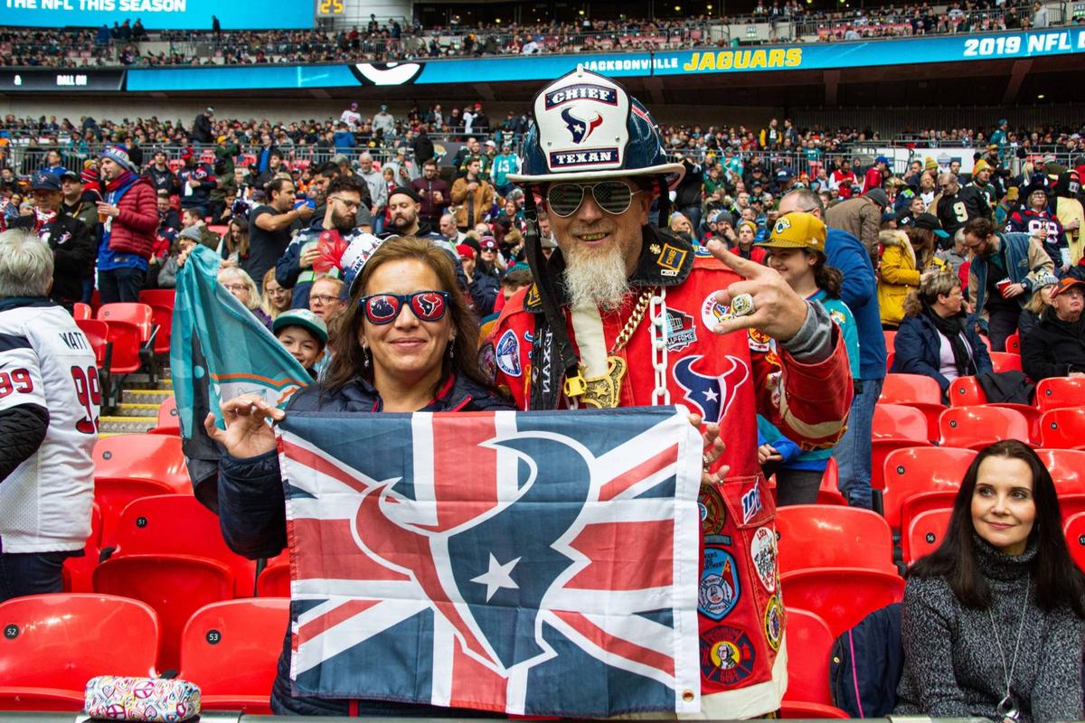  LONDON, ENG - NOVEMBER 03: Houston Texans fan Chief Texan before the NFL game between the Houston Texans and the Jacksonville Jaguars on November 03, 2019 at Wembley Stadium, London, England. (Photo by Martin Leitch/Icon Sportswire via Getty Images) 