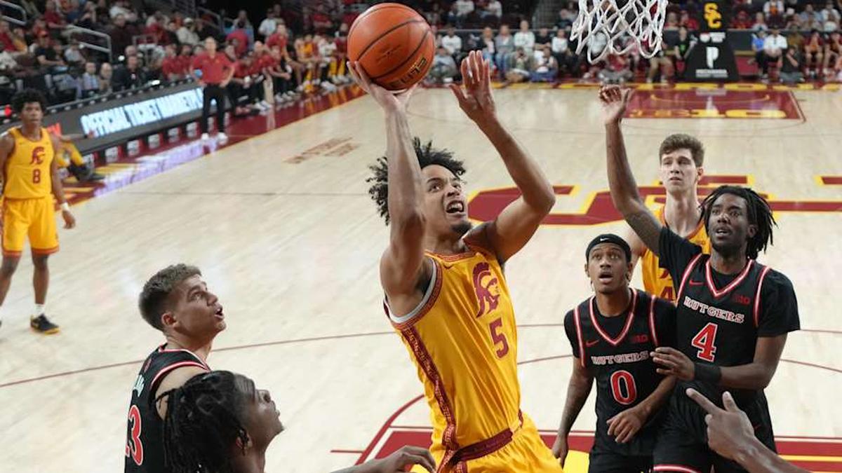  Jan 31, 2026; Los Angeles, California, USA; Southern California Trojans forward Terrance Williams II (5) shoots the ball against the Rutgers Scarlet Knights in the first half at Galen Center. Mandatory Credit: Kirby Lee-Imagn Images | Kirby Lee-Imagn Images 