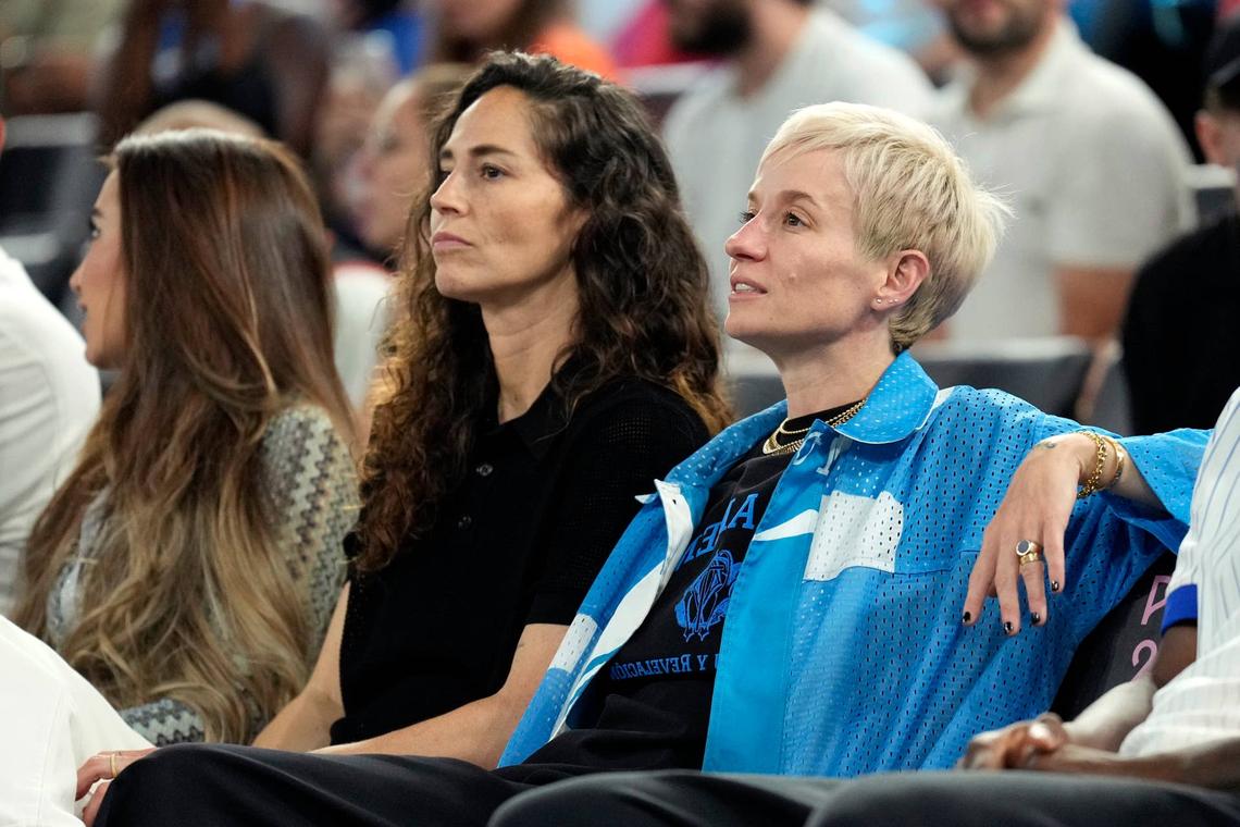  Aug 8, 2024; Paris, France; Sue Bird and Megan Rapinoe look on during the first half between France and Germany in a men's basketball semifinal game during the Paris 2024 Olympic Summer Games at Accor Arena. Mandatory Credit: Kyle Terada-USA TODAY Sports 