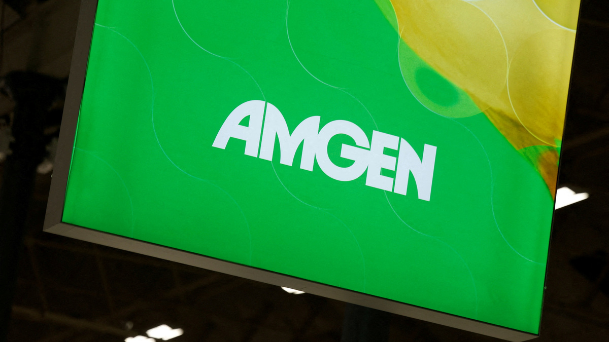 FILE PHOTO: The logo of Amgen biopharmaceutical company hangs at the Stripe Young Scientist and Technology exhibition at the RDS, in Dublin, Ireland, January 9, 2026. REUTERS/Clodagh Kilcoyne/File Photo