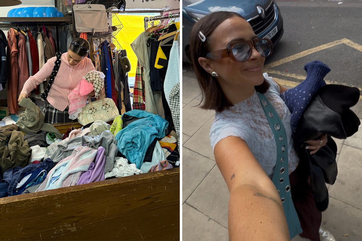  Clow rummaging through clothes and holding her purchases. 