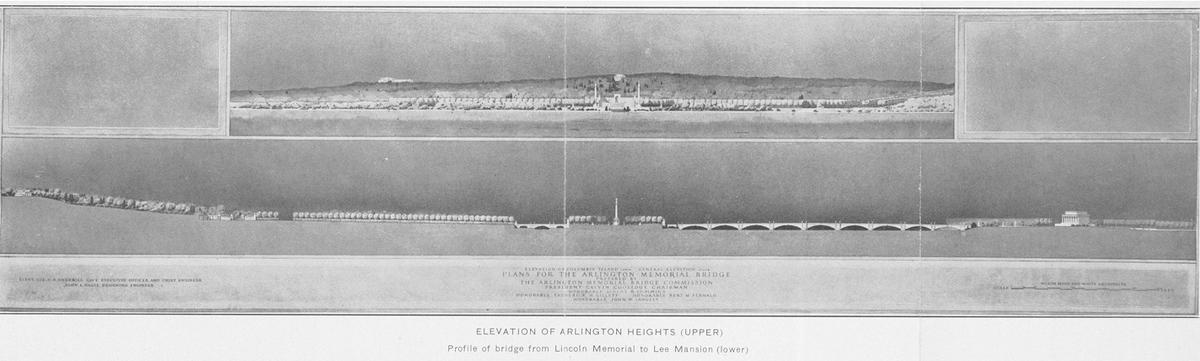  A screenshot of a profile view of the Arlington Memorial Bridge (bottom half of the image), with the Columbia Island columns at the center; a front view of the columns at the center (top half of the image), as shown in the 1924 commission report. 