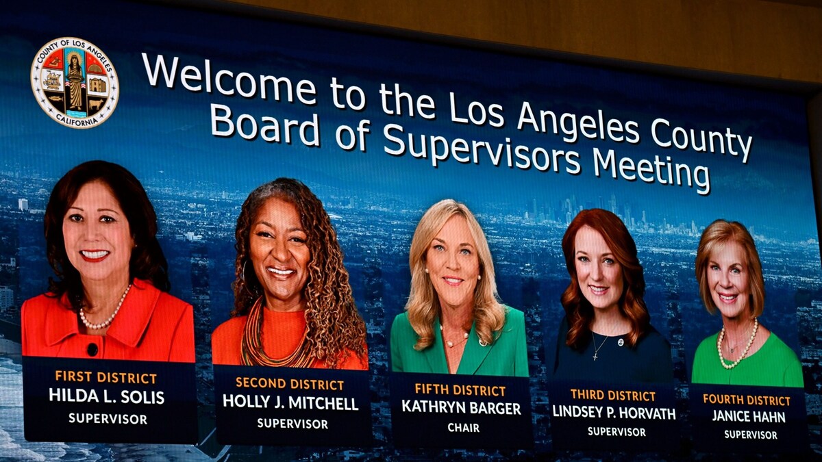 The Los Angeles County Board of Supervisors are displayed on a screen at the beginning of the board meeting on April 1, 2025.   (Photo by Dean Musgrove, Los Angeles Daily News/SCNG)