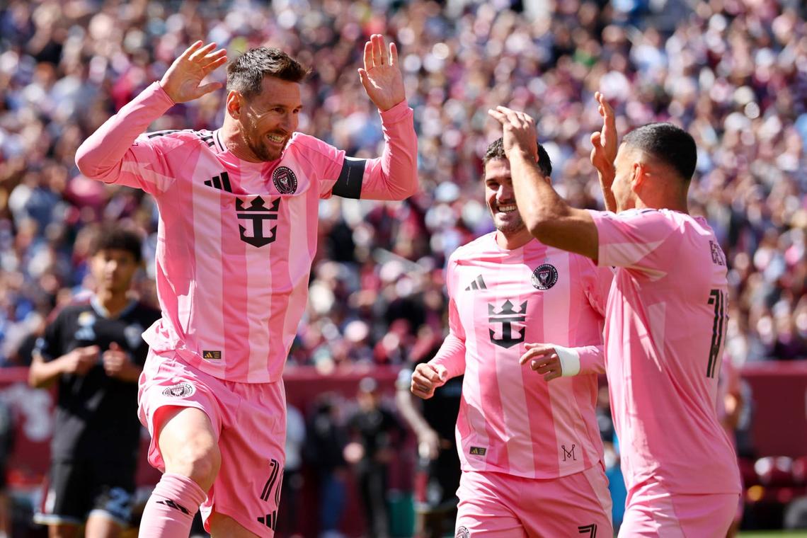  Lionel Messi celebrates scoring his team's first goal with teammates German Berterame and Rodrigo De Paul during the MLS match between Colorado Rapids and Inter Miami CF. Photo by Jamie Schwaberow/MLS via Getty Images