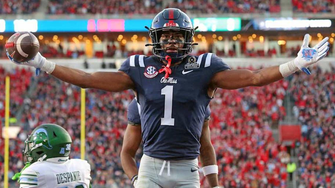  Dec 20, 2025; Oxford, MS, USA; Mississippi Rebels wide receiver De'Zhaun Stribling (1) reacts after a catch for a touchdown during the third quarter against the Tulane Green Wave at Vaught-Hemingway Stadium. Mandatory Credit: Petre Thomas-Imagn Images | Petre Thomas-Imagn Images 