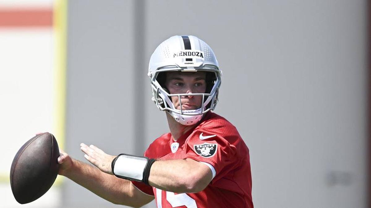  May 2, 2026; Henderson, NV, USA; Las Vegas Raiders quarterback Fernando Mendoza (15) runs through a drill during a Rookie Minicamp at Intermountain Health Performance Center. Mandatory Credit: Candice Ward-Imagn Images | Candice Ward-Imagn Images 