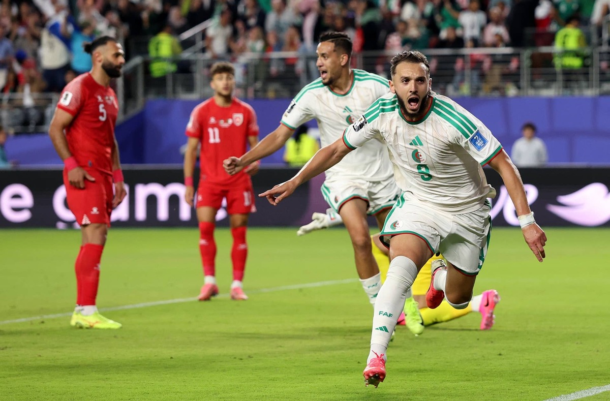  Amine Gouiri #9 of Algeria celebrates scoring his team's second goal during the FIFA World Cup 2026 Group J match between Jordan and Algeria at San Francisco Bay Area Stadium on June 22, 2026 in Santa Clara, California. (Photo by Stu Forster/Getty Images) Photo by Stu Forster/Getty Images