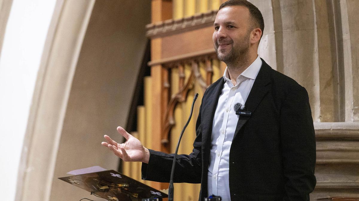 Green Party leader Zack Polanski gives a speech to party supporters at the Church of Saint John the Evangelist on May 2, 2026, in Cardiff, Wales. (Jon Rowley/Getty Images/TNS)