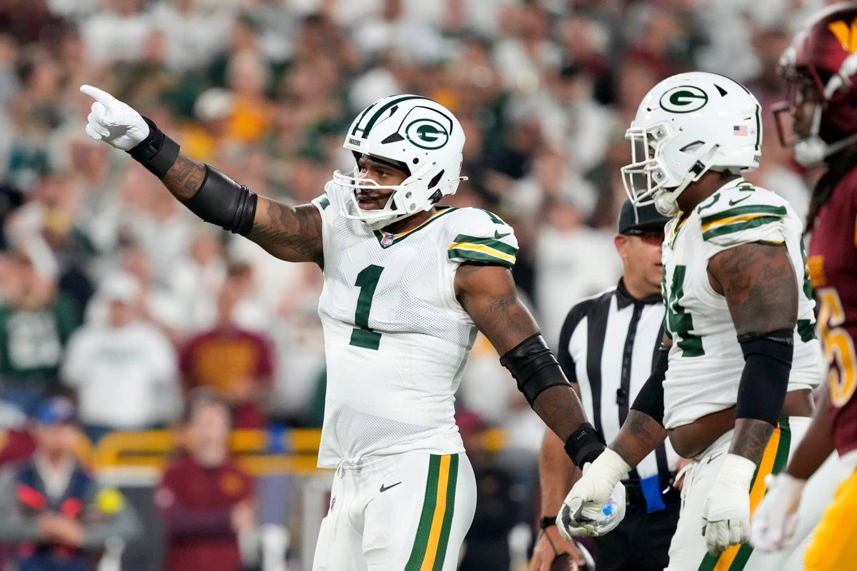  Sep 11, 2025; Green Bay, Wisconsin, USA; Green Bay Packers defensive end Micah Parsons (1) reacts in the first quarter against the Washington Commanders at Lambeau Field. Mandatory Credit: Jeff Hanisch-Imagn Images 