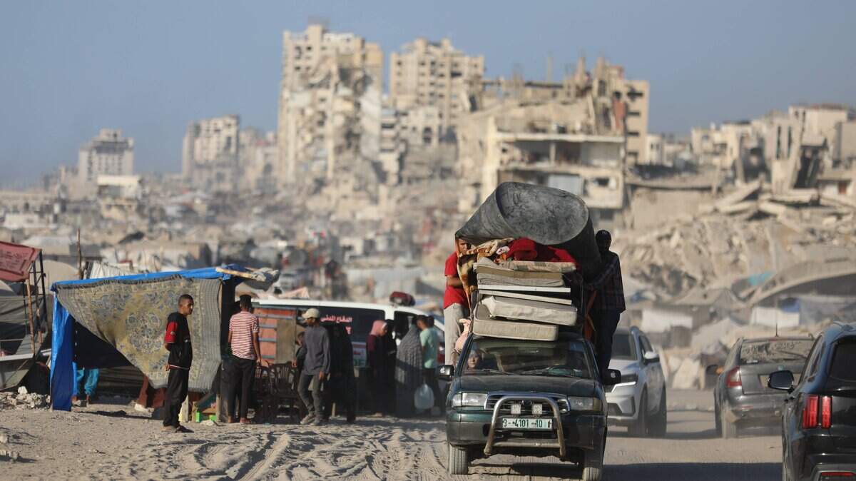 Displaced Palestinians flee Gaza City towards the southern areas of the Gaza Strip on Aug. 28, 2025, as the war between Israel and the Hamas militants movement continues.