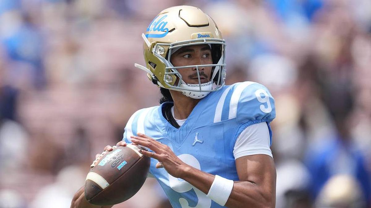  May 2, 2026; Pasadena, CA, USA; UCLA Bruins quarterback Nico Iamaleava (9) throws the ball during the spring game at Rose Bowl. Mandatory Credit: Kirby Lee-Imagn Images | Kirby Lee-Imagn Images 