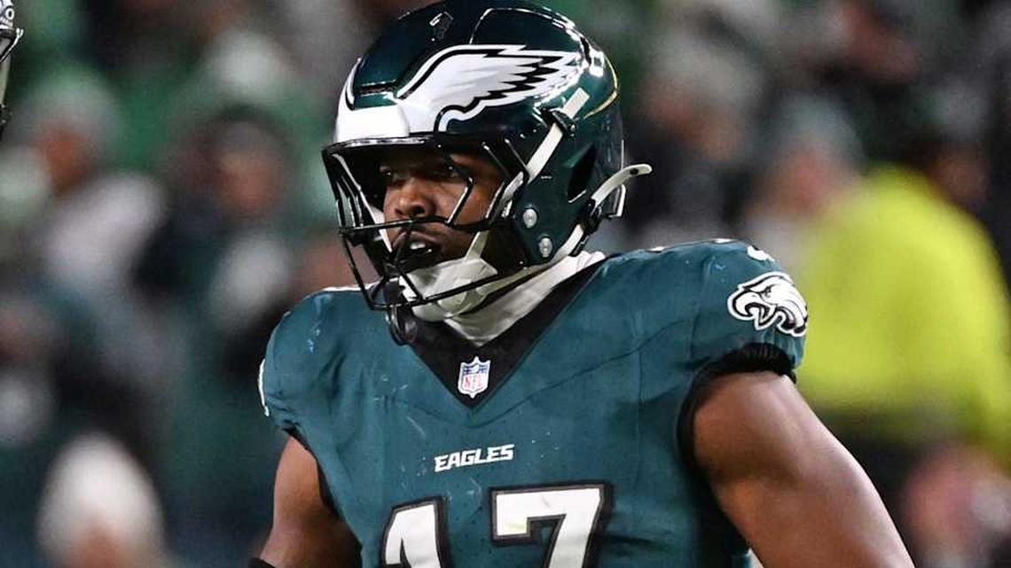  Nov 16, 2025; Philadelphia, Pennsylvania, USA; Philadelphia Eagles linebacker Nakobe Dean (17) celebrates his sack during the fourth quarter against the Detroit Lions at Lincoln Financial Field. Mandatory Credit: Eric Hartline-Imagn Images | Eric Hartline-Imagn Images 