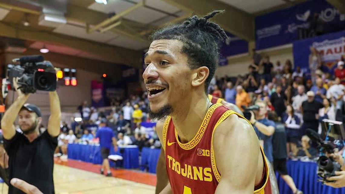  Nov 26, 2025; Lahaina, HI, USA; USC Trojans guard Chad Baker-Mazara (4) reacts after the Trojans defeated the Arizona State Sun Devils in the championship match at Lahaina Civic Center. Mandatory Credit: Marco Garcia-Imagn Images | Marco Garcia-Imagn Images 