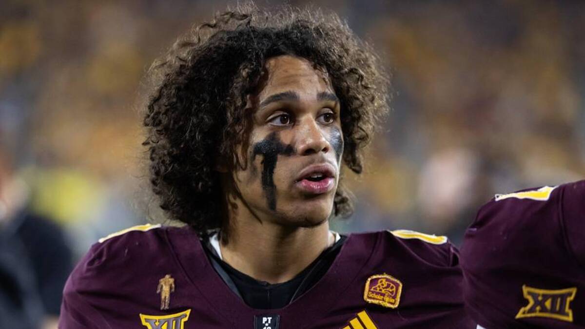  Nov 28, 2025; Tempe, Arizona, USA; Arizona State Sun Devils wide receiver Jordyn Tyson (0) against the Arizona Wildcats during the 99th Territorial Cup at Mountain America Stadium. | Mark J. Rebilas-Imagn Images 