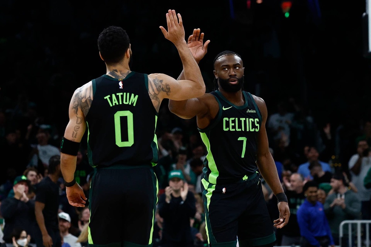  Boston Celtics forward Jayson Tatum greets guard Jaylen Brown. Winslow Townson-Imagn Images