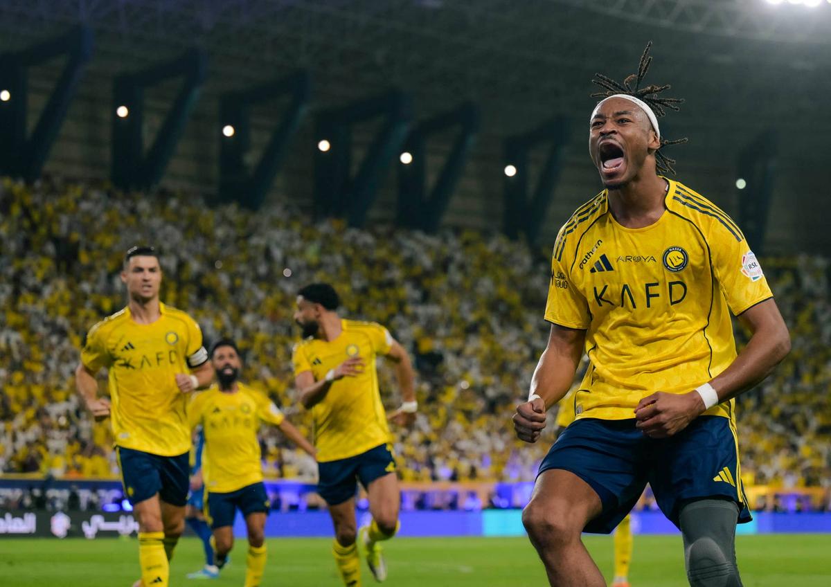  Mohamed Simakan of Al Nassr celebrates after scoring his sides first goal during the Saudi Pro League match between Al Nassr and Al Hilal at Al Awwal Park on May 12, 2026 in Riyadh, Saudi Arabia. (Photo by Khalid Alhaj/MB Media/Getty Images) Photo by Khalid Alhaj/MB Media/Getty Images